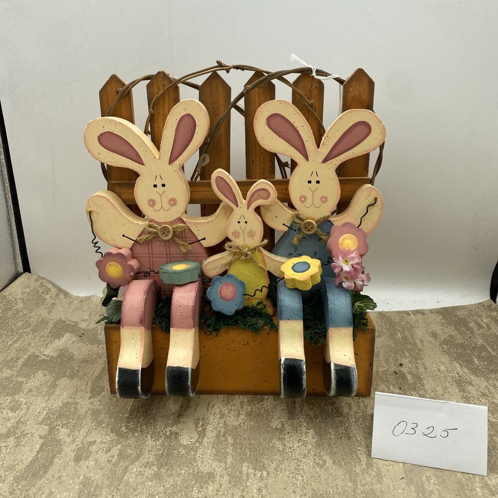 Hand crafted wooden Easter bunnies flowers Decor centerpiece 8X2.5X9.75” Tall